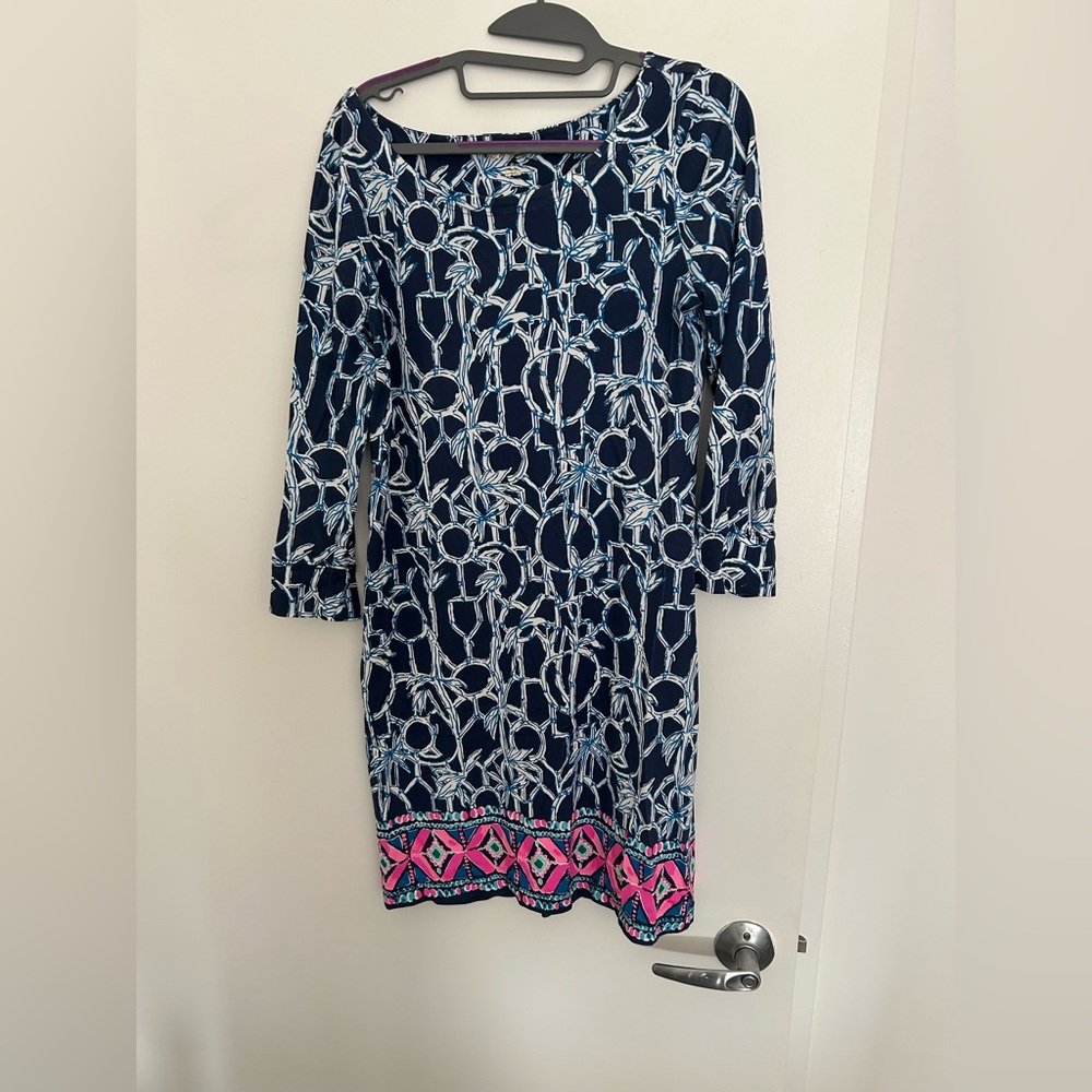 Lilly Pulitzer Blue and Pink Sheath Dress with Cuffed 3/4 Sleeves